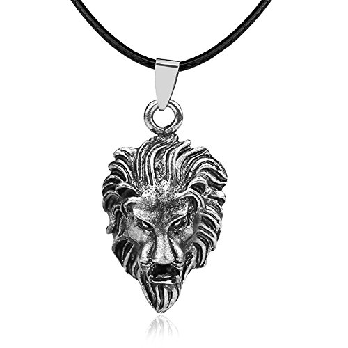 BAEBAE Unisex Sterling Silver Plated The King Roaring Lion Head Charm Pendant Necklace,Black Leather Chain