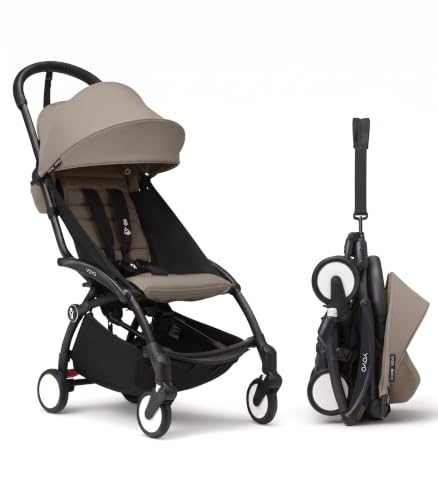 Stokke YOYO3 Stroller from 6 Months - Includes Black Frame/Taupe Seat Cushion + Canopy - Folds in & Out in a Flash - Light & Compact - Carry-On Compatible