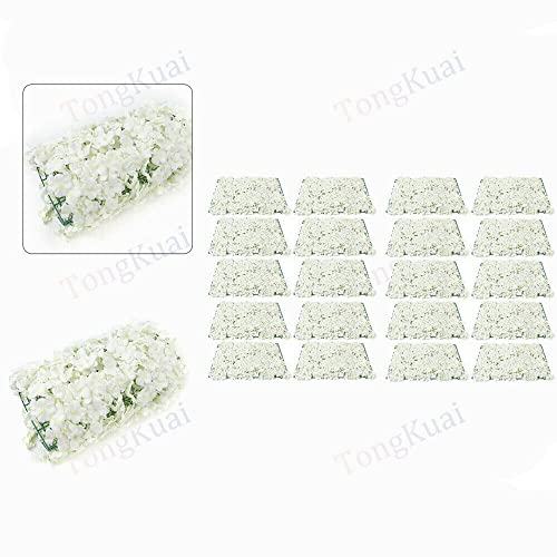 20Pcs Artificial Fake Flowers Wall Silk Rose Floral Background Wall Panels Hydrangea Floral Wall Backdrop Mat For Diy Wedding Bouquets Party Birthday Church Wall Stage Baby Shower 3D Decoration(White) #TOP2