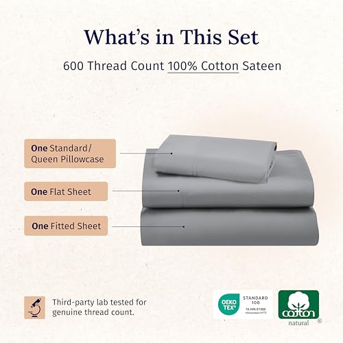 California Design Den Luxury Twin XL Sheet Set - 100% Cotton, 600 Thread Count Deep Pocket XL Twin Sheets, Hotel-Quality Bedding with Soft Sateen, Dorm Essentials for Guys - Mist Grey