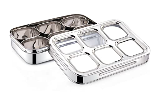 Image of Expresso 6 Square Stainless Steel Spice Box With 6 Containers - See-Through Glass Lid Masala Dani /Dry Fruit Box for Kitchen - Silver