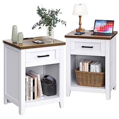 Decofy Farmhouse Nightstand with Charging Station & Large Storage, Set of 2 Modern End Tables with Outlets, USB Ports and Type-C Ports, Easy Assembly for Bedroom (Pure White + Walnut)