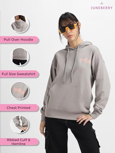 Image of JUNEBERRY Cotton Poly Fleece Oversized Fit Black, Green, Magenta, Mustard, Orange, Purple, Blue, Off White & Grey Graphic Printed Full Sleeve Hoodie for Women