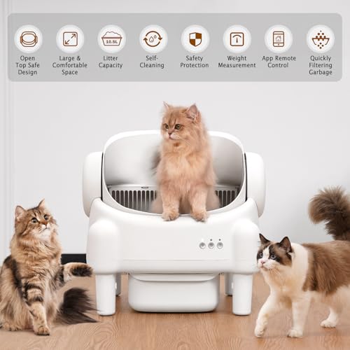 PARUUNTYS Self Cleaning Litter Box,Open Top Automatic Litter Box with App Control for Multiple Cats, Safety Sensors Protection, Odor Control Includes 2 roll Liners,Large Waste Bin, Cream White - Image 3