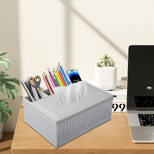 XNONE Tissue Box Cover Rectangle White Kleenex Box Holder PU Leather Facial Tissue Organizer,Multifunctional Remote Control Stationery Storage Box,Home Office Supplies Car Napkin Caddy by XNONE - Image 3