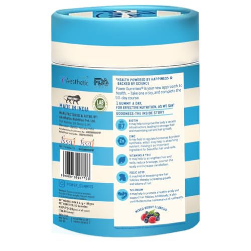 Power Gummies Biotin Hair Gummies for Stronger, Shinier Hair & Nails | 60 Days Pack | With Biotin, Zinc, Folic Acid, Fibre & Multivitamin | No Added Sugar & Gut Friendly