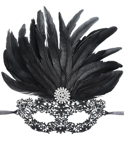 Zinniday Halloween Masquerade Masks for Women - Elegant Black Feather Lace Mask with Black Shiny Rhinestone, 1920s 50s Antique Venetian Eyemask for Carnival Party Prom Renaissance Cosplay Costume