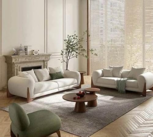Image of Modern 3-Seater Sofa, Boucle Fabric, Curved Arms, Walnut Wooden Legs, (Beige, 3 Seater)
