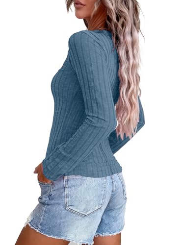 Image of KINLONSAIR Women's Long Sleeve Henley T Shirts Button Down Slim Fit Tops Scoop Neck Ribbed Knit Shirts
