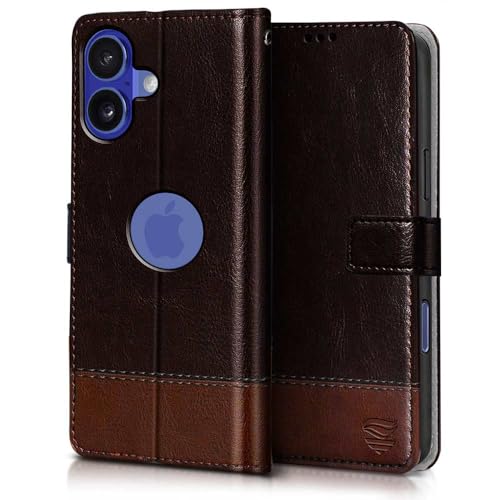 Image of FLIPPED Vegan Leather Flip Case Back Cover for iPhone 16 (Flexible, Shock Proof | Hand Stitched Leather Finish | Card Pockets Wallet & Stand | Coffee with Brown)