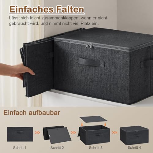Exquilnova 2 Stück Aufbewahrungsbox mit Deckel Stoff, stapelbare Faltbox mit Reißverschluss, Kisten Aufbewahrung mit Deckel mit Griff für Bettdecken, Kleidung (L:40 x 30 x 21 cm)