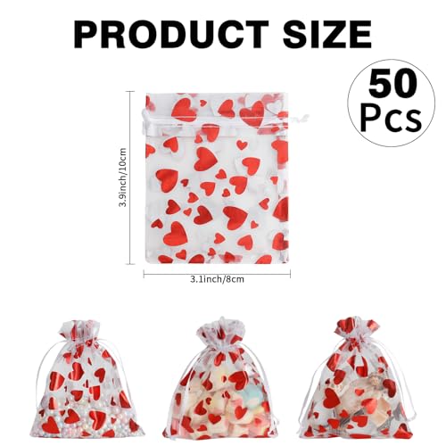 Image of BOEIAC Heart Organza Bags, 50PCS Organza Gift Bag, Drawstring Sheer Mesh Gift Bag 3 x 4 inch, Mesh Jewelry Pouches, Mini Candy Bag for Valentine's Day, Christmas, Mother's Day, Wedding Party Favors