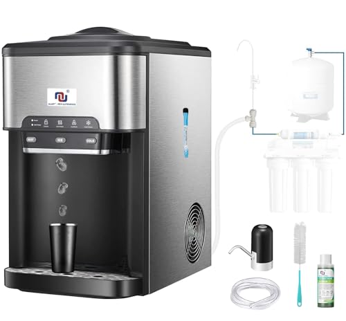 NUNET 3-in-1 Ice Maker Water Dispenser Water Cooler Filled by Water Line w. 10ft Water Inlet Hose 1/2' &1/4' Connector Hot/Cold Water Ready Makes 44 lbs Ice Daily Stores 4lb Ice