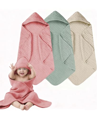 Image of TRYISDICDVC 3-Pack Hooded Baby Towels for Newborn 100% Cotton Soft Babies Blanket Toddler and Kids Bath Towel Baby Essentials