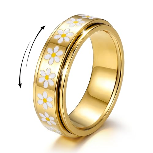 Dochais Anxiety Rings Stainless Steel Daisy Roller Rings for Anti Stress Spinner Fidget Band Ring Gold/Silver Anxiety Ring Women Size L1/2-T1/2