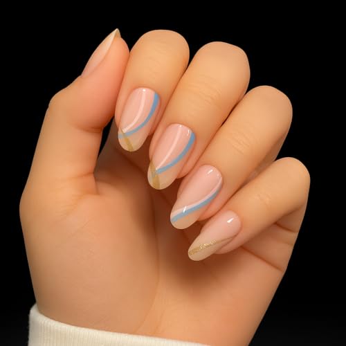 Image of 24 Pcs Reusable Artificial Nails Fake Nails with Glue and Kit|Golden Breeze Swirl Pastel Gold Press On Nails for Women | Medium Almond Shape | UV Protected Premium ABS | Salon Fresh look Reusable Artificial Nail Kit |
