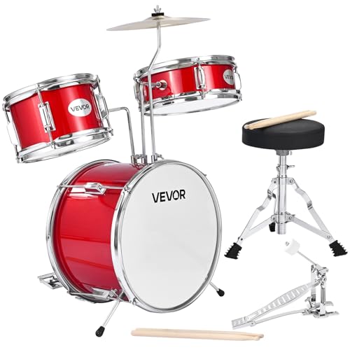 VEVOR Schlagzeug Set, 3-teilig, Drum Kit mit 35,6 cm Bassdrum, 25,4 cm Snare-Drum und 20,3 cm Tom-Toms, Musik-Lern-Schlagzeug-Instrumenten-Set, Ideal für Kinder von 6 bis 13 Jahren (rot)
