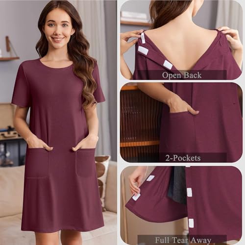 Image of Deyeek Open Back Hospital Gowns for Women Tear Away Short Sleeve Post Surgery Soft Nightgowns for Elderly Women with Pocket
