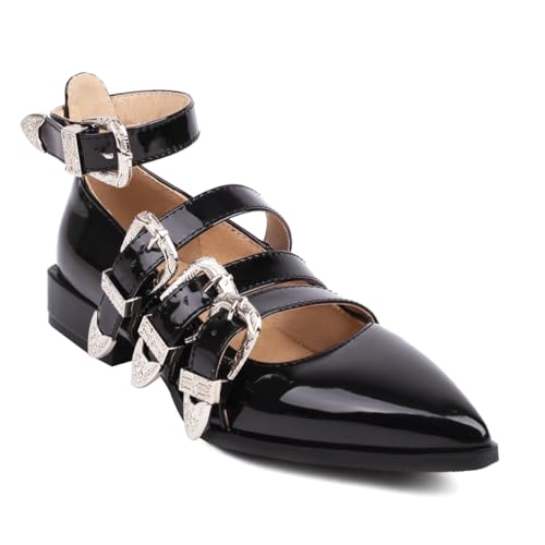 Women's Multiple Buckles Flats Pointed Toe Ankle Strap Mary Jane Flats Shoes