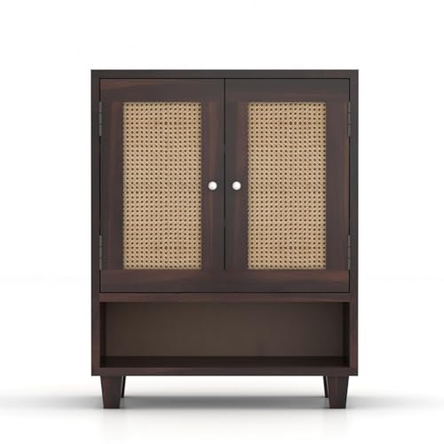 Image of Solid Wood Shoe Rack for Living Room Hall Home Office | Wooden Shoe Rack with 2 Door & Shelf Storage | Shoe Cabinet Wooden | Shoe Organiser with Rattan Door in Walnut Finish