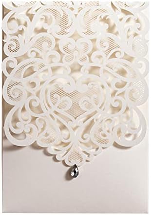 Hosmsua 50PCS White Wedding Invitations Kit 5 x 7.3 Inch Laser Cut Hollow Rose Rhinestone Pocket with Envelope for Quinceanera Bridal Shower Invite (White Ivory)