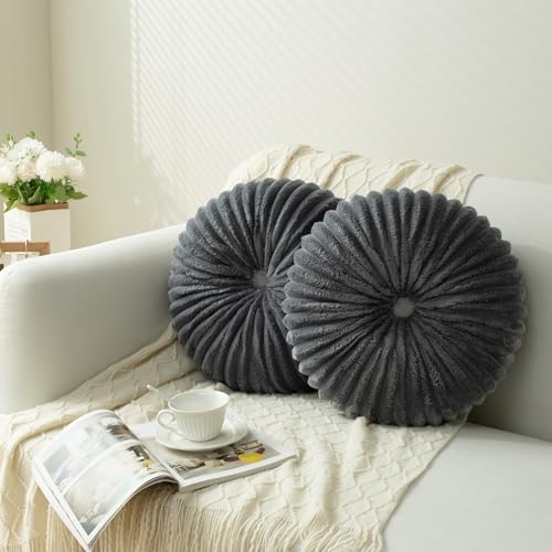 Image of HIG Set of 2 Gray Flannel Decorative Round Pleated Throw Pillows