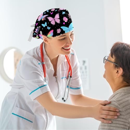 Image of Butterfly Scrub Cap Women with Ponytail & Buttons Adjustable Surgical Nurse Hat with Cotton Sweatband for Long Hair