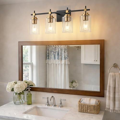 Image of SOLFART Black and Gold Vanity Light,4 Light Modern Vintage Wall Light with Clear Globe, High-End Bathroom Light Fixtures Over Mirror, Easy to Install (Bulbs Not Included)