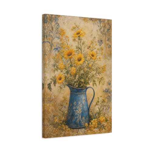Tableau fleurs jaunes et bleues pour une déco au-dessus du canapé