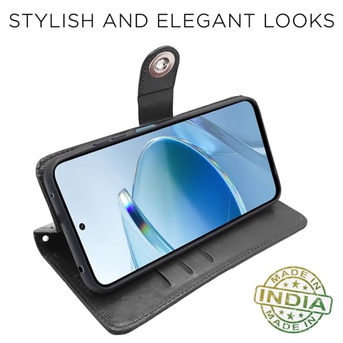 Image of Pikkme Redmi 12 4G Flip Cover Leather Finish | Inside TPU with Card Pockets | Wallet Stand and Shock Proof | Complete Protection Button Flip Case (Black)