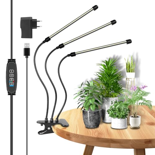Willpower Lampada LED per Piante da Interno Con Clip, 3-Teste 126 Leds Spettro Completo 380nm - 800nm, Lampade Coltivazione con Timer 3/9/12H, 10 Livelli di Luminosità, per Serra Idroponica da Casa