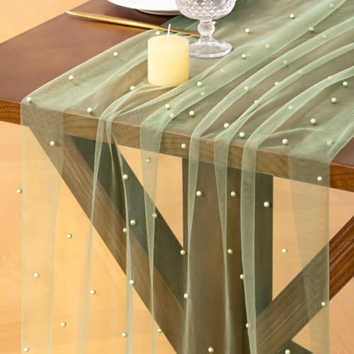 Socomi Pearl Table Runner Tulle Sage Green Summer Cheesecloth 10FT Gauze Cheese Cloth Sheer Chiffon Dining Wedding Birthday Party Baby Shower Bridal Anniversary Holiday Centerpiece Table Decor