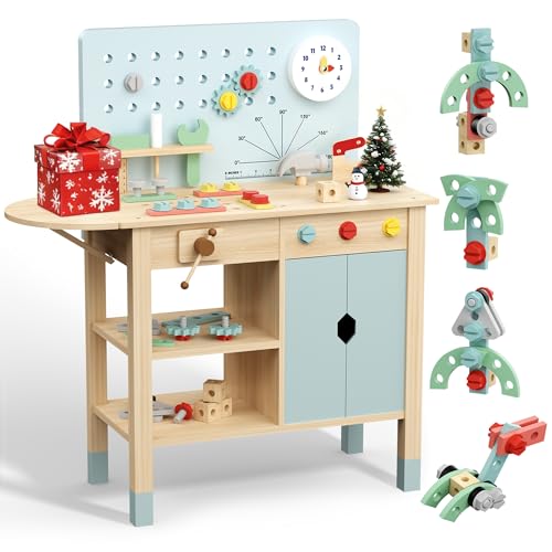 Large Wooden Workbench for Kids with Upgrade Extension Panel - Pretend Play Tool Set/Realistic Accessories, Extra Workspace & Sturdy Design for Little Builders, Size: 33‘’x30‘’
