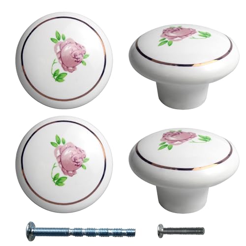 Runseaway 4PCS 1-1/2 inch Hand Painted Ceramic Knobs, Ceramic Flower Cabinet Knobs, Vintage Dresser Drawer Handle Pulls for Closet Cupboard Wardrobe(Pink Rose)