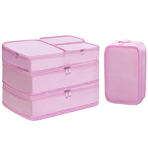 6 Set Packing Cubes Travel Luggage Organizer Waterproof Mesh Lightweight Suitcase Storage Bag Clothing Laundry Bag Shoe Bag (Pink) #TOP7