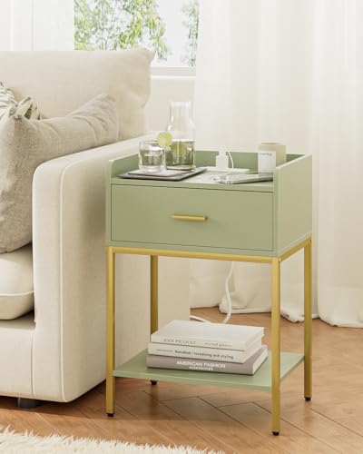 Image of Masupu Nightstand with Charging Station,3-Tier Modern Bedside Night Stand with Storage Drawer and Shelf,Small End Side Table for Bedroom,Living Room,Gold and Green