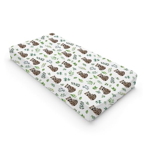 Cute Raccoon Green Leaves Baby Changing Pad Covers for Boy Girl 32''x16'' Mother Baby Raccoon Fitted Diaper Change Table Sheets Animals Boho Retro Leaves Soft Breathable Cradle & Bassinet Sheets