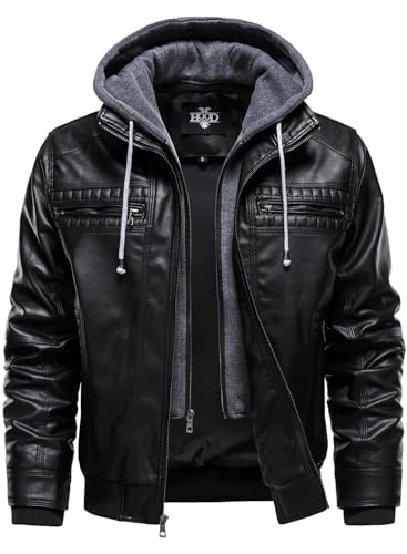HOOD CREW Men Faux Leather Jacket with Detachable Hood Casual Motorcycle Bomber Jackets Outerwear2