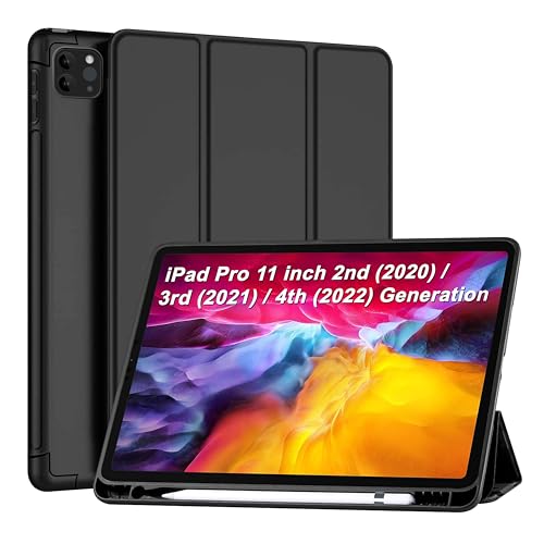Image of CEDO Tri-Fold for iPad Pro 11 inch 2nd / 3rd / 4th Generation Smart Case Flip Cover with Multi Viewing Angles Stand | Pencil Holder | Heat Dissipation | TPU Backcover (Black)
