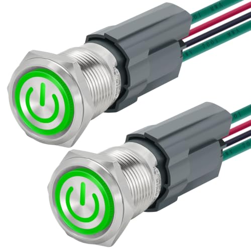 Image of UL Listed 15Amp 16mm Latching Push Button Switch 110V-120V IP67 Waterproof SPST 1NO Stainless Steel with Wire Socket Green 2Pcs
