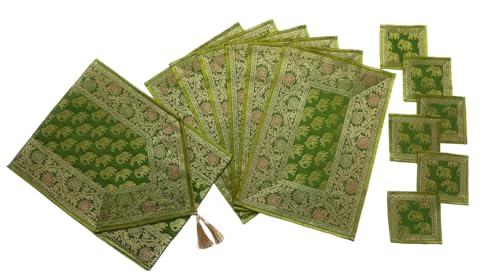 Image of Diwali Room Decor Silk Table Runner Placemats Tea Coaster Set for Living Room 4 to 6 Seater Dinning Table Table Mat Set Centre Table Top Decor Pack of 13 Pcs (Olive Green)