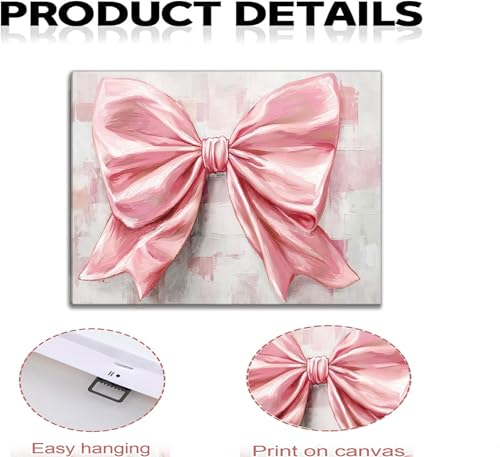 Image of Pink Bow Canvas Wall Art Trendy Cute Preppy Watercolor Bow Painting Pictures Wall Decor Posters Prints Girly Aesthetic for College Apartment Bedroom Decoration