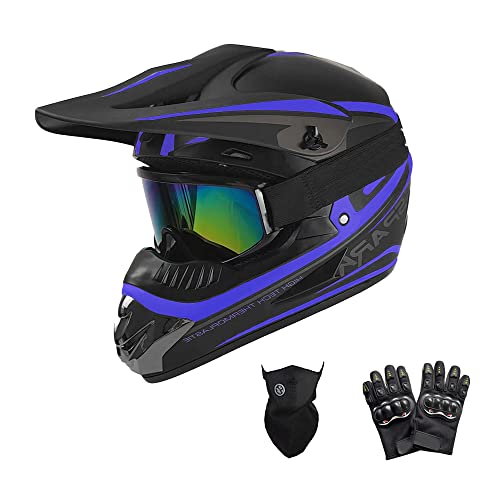 TTMiku Motocross Helmet Set, Unisex Youth Kids Small Full Face Protective Off Road Helmet for Dirt Bike ATV UTV BMX Street Ride (Gloves, Goggles, Face Shield), DOT Approved (X-Large, Blue)