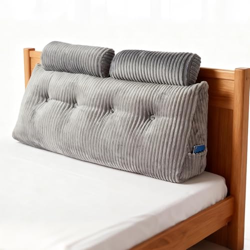 GREENSAPPIRE Headboard Pillow Wedge Back Reading Pillow for Bed Adult Large Triangular Headboard Cushion with Removable Cover Adjustable Lumbar Support Cushion for Backrest (Grey, 120CM)