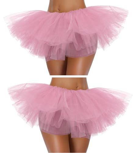 G&J Online Tutu Skirt for Women Adult Classic Elastic 3 4 5 Layered Tulle Party Marathon Dance Costume Skirts (One Size, 2Pack-5Layer-Lightpink, one_Size)