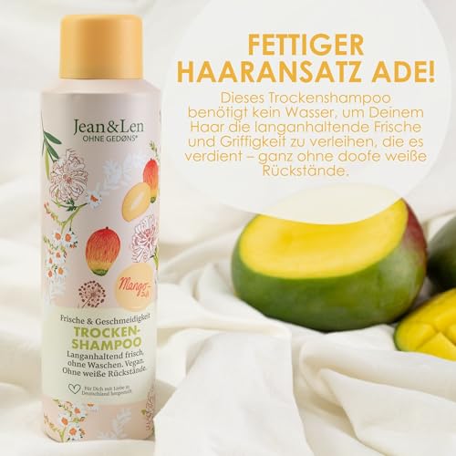 Jean & Len Trockenshampoo Frische & Geschmeidigkeit, kein fettiger Ansatz, keine weißen Rückstände, duftet fruchtig frisch nach Mango, für alle Haartypen, ohne Parabene & Silikone, vegan, 200 ml