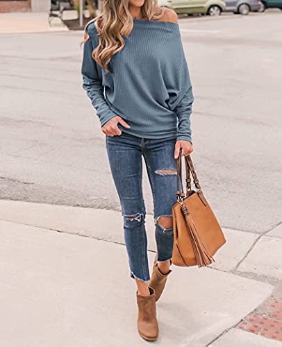 Women's Off Shoulder Tops Oversized Pullover Sweater Waffle Knit Boat Neck Blouse Loose Tunics Dusty Blue Small #TOP4