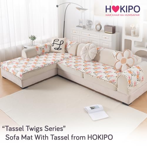 Image of HOKIPO Painterly Floral L Shape (2+2 Seater) Sofa Seat Mat with Tassel| Quilted Sofa Cover Mat, 'Tassel Twigs' Series (IN-983-T8 + IN-984-T8)