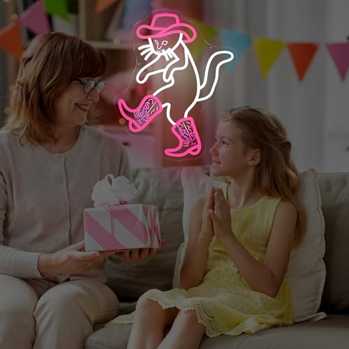Image of Cowboy Cat Funny Neon Light Sign,Pink Cowboy Hat Animal Neon Sign for Western Rodeo Decor,Novelty Hand Gesture Led Light Up Sign for Home Decoration Bedroom Decor