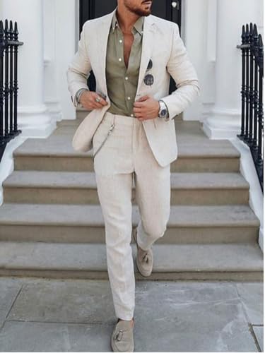 Mi Bo Tong Mens Linen Suit 2 PC Mens Summer Suit Slim Fit Blazer Pants Set Beach Wedding Summer Suit for Men2